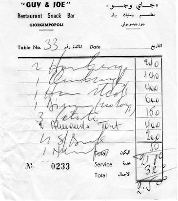 Receipt from Guy's & Joe's Restaurant and Snack Bar